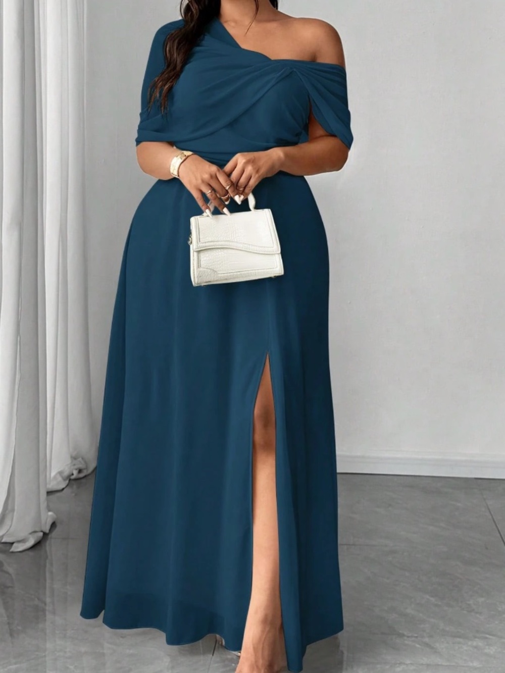 Plus Sold Ruched One Shoulder Split thigh Party Evening Dress - Picture 3 of 12